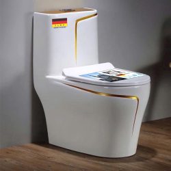 Bồn cầu nguyên khối trắng chỉ vàng